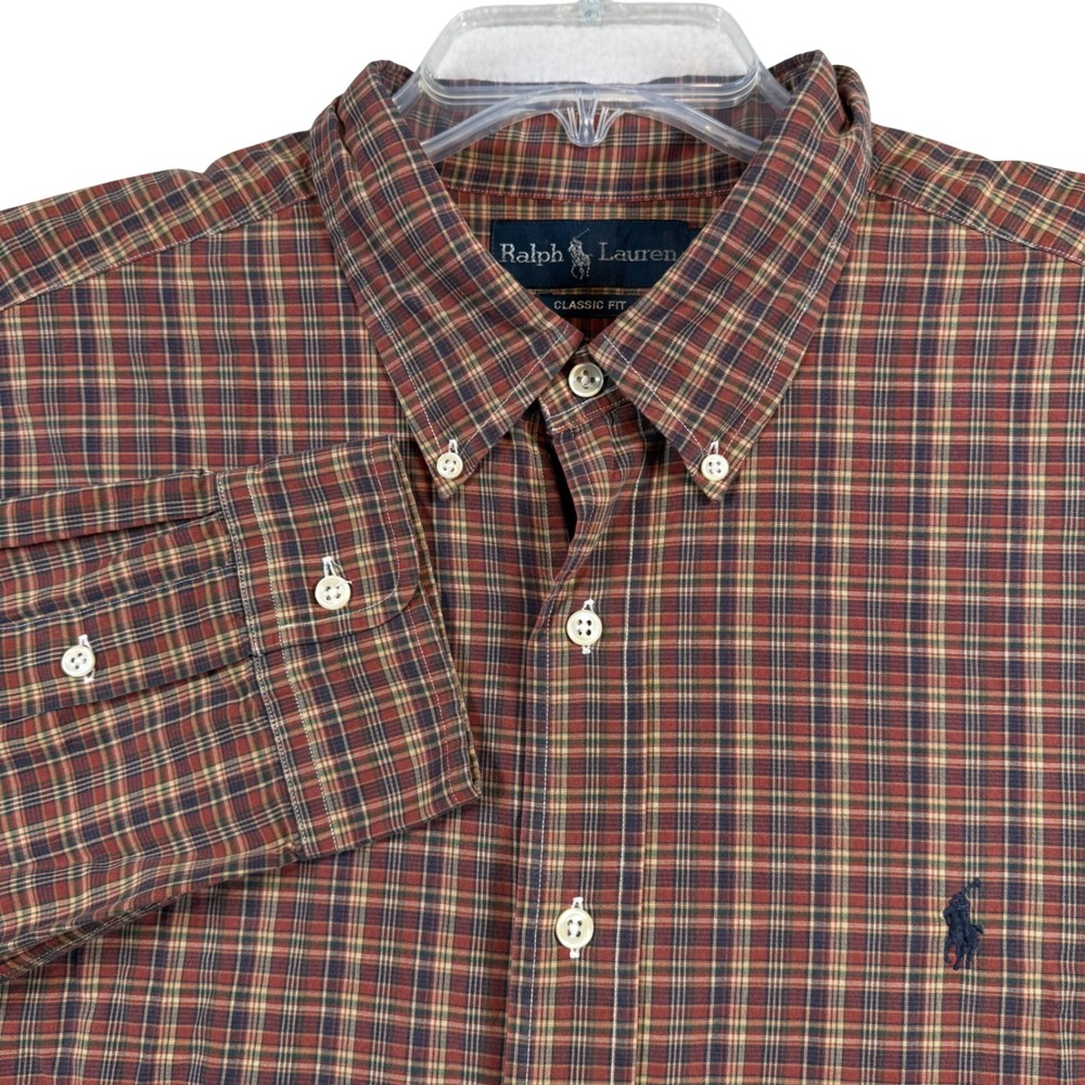 Ralph Lauren Button Down Shirt Mens XXL Red Brown Plaid Long Sleeve Classic Fit